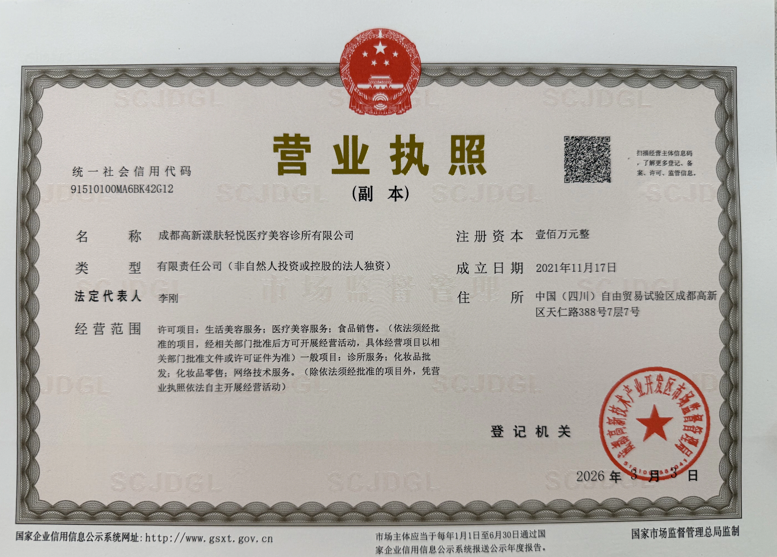 成都高新漾肤轻悦医疗美容诊所有限公司营业执照